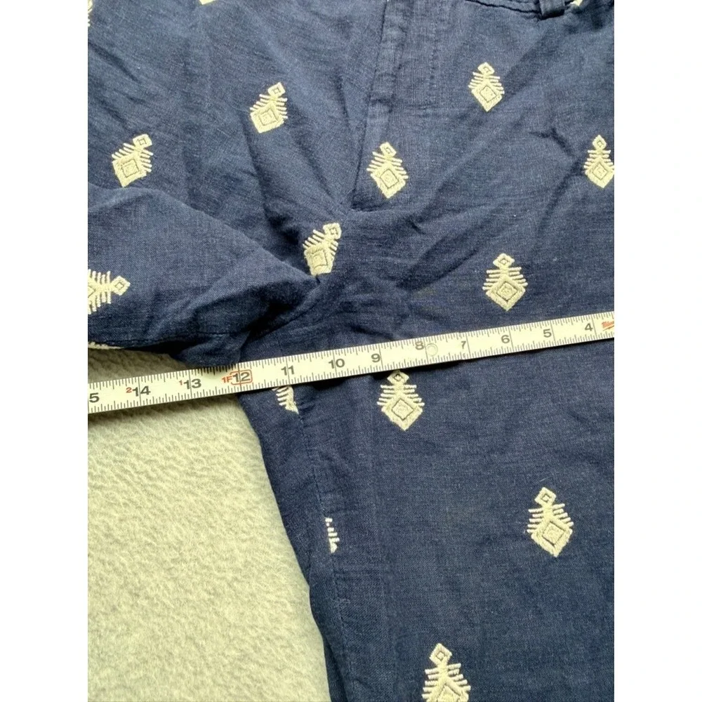Zara Navy Blue Embroidered Linen Blend Wide Leg Pants Boho Geometric Womens S